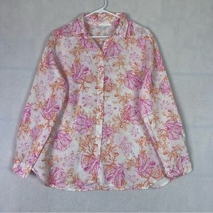 J. Jill Shirt Love Linen Tropical Coral Sea Turtles Pink Orange Button Up Top